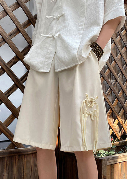 Loose Apricot Tasseled Pockets Elastic Waist Ice Silk Shorts Summer