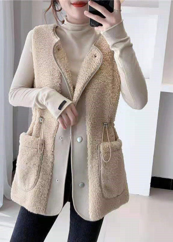 Loose Apricot Drawstring Faux Fur Winter Vest