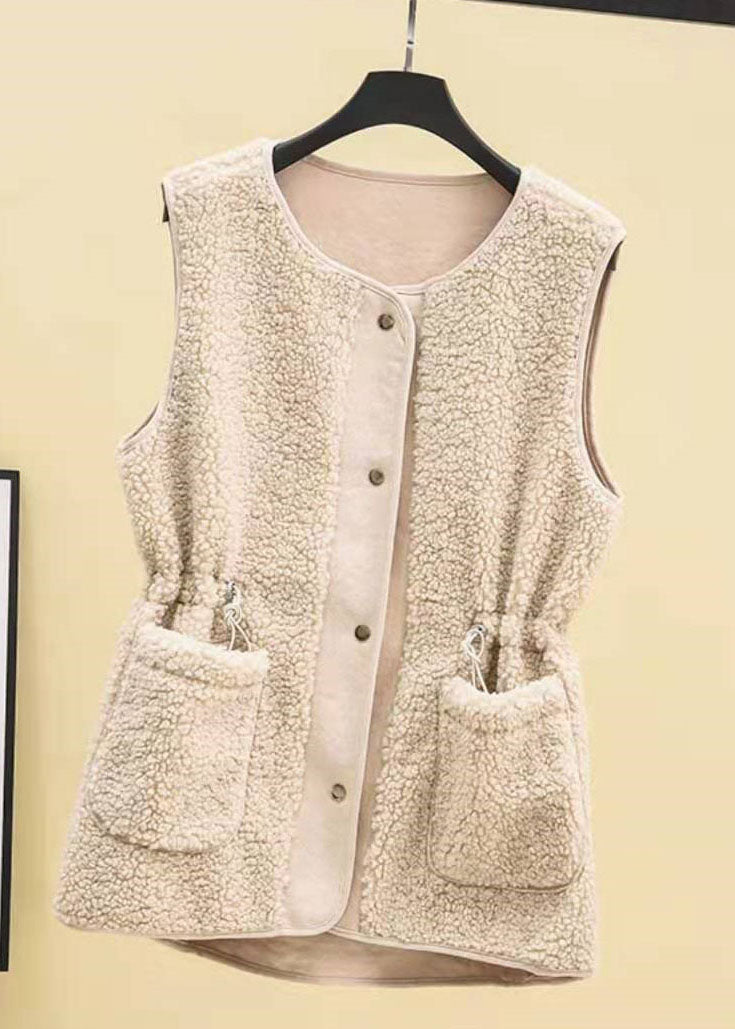 Loose Apricot Drawstring Faux Fur Winter Vest