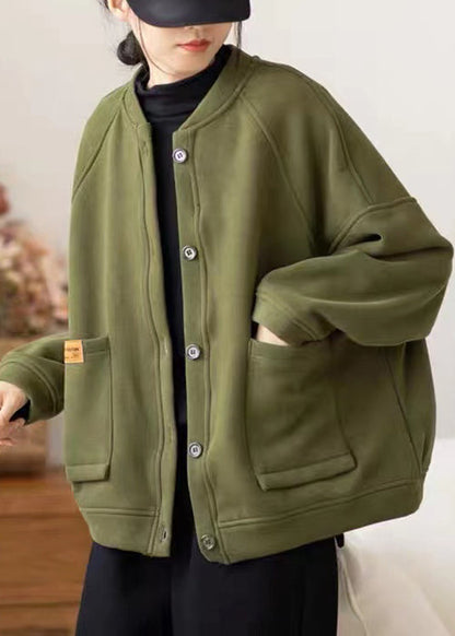 Loose Army Green Button Pockets Warm Fleece Coats Fall
