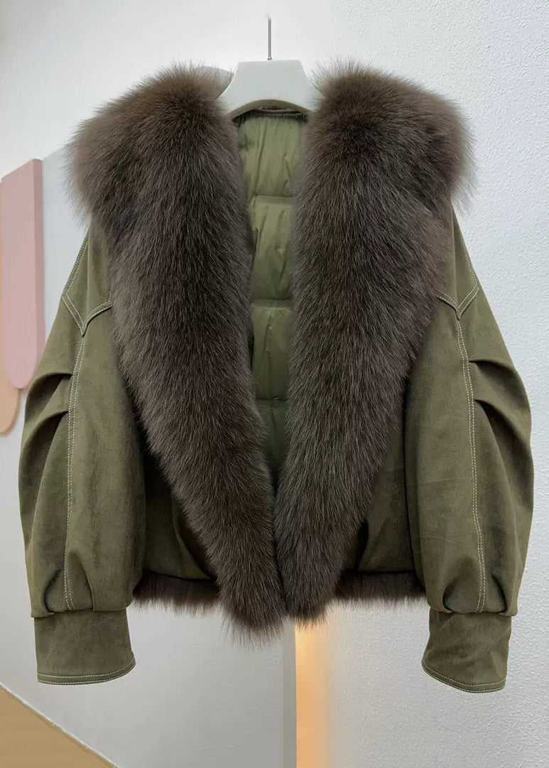 Loose Army Green Fur Collar Patchwork Fine Cotton Winter Coats Winter