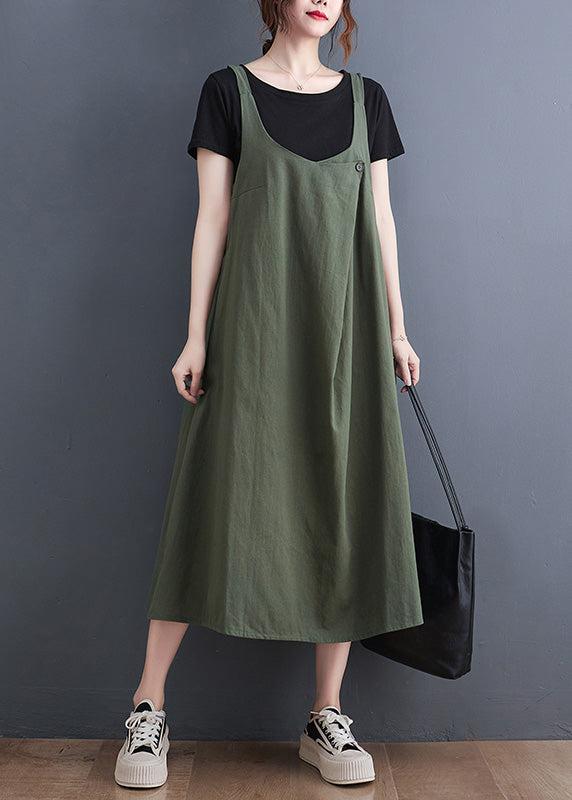 Loose Army Green O-neck Patchwork Strap Dress Summer