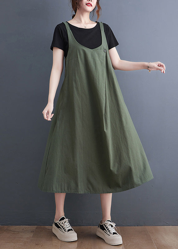 Loose Army Green O-neck Patchwork Strap Dress Summer