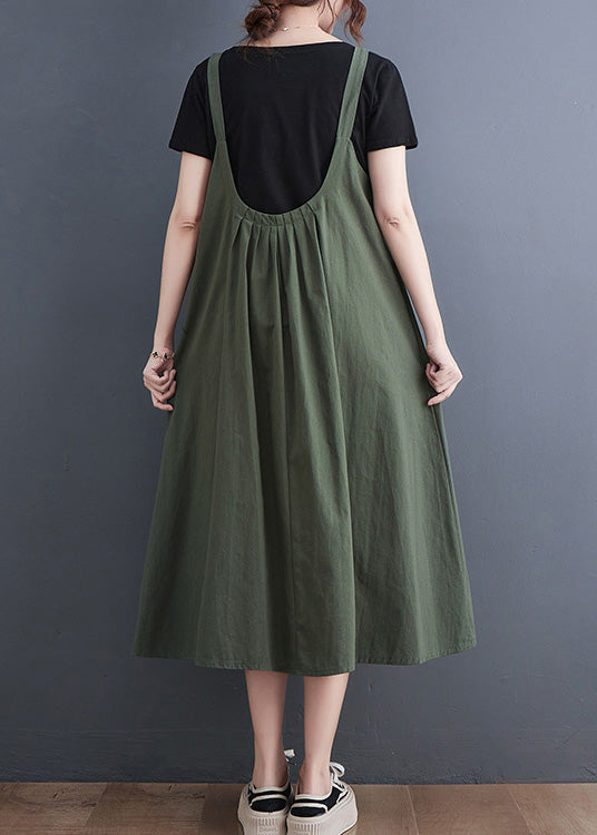 Loose Army Green O-neck Patchwork Strap Dress Summer