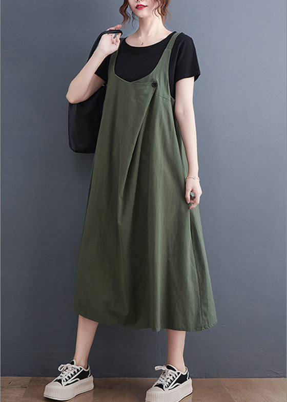 Loose Army Green O-neck Patchwork Strap Dress Summer