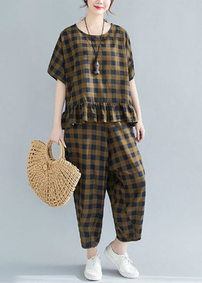 Loose Army Green O-neck Ruffles Plaid Two Pieces Set Short Sleeve