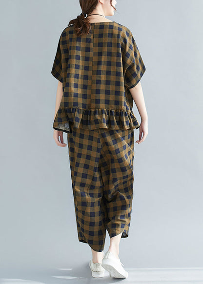Loose Army Green O-neck Ruffles Plaid Two Pieces Set Short Sleeve