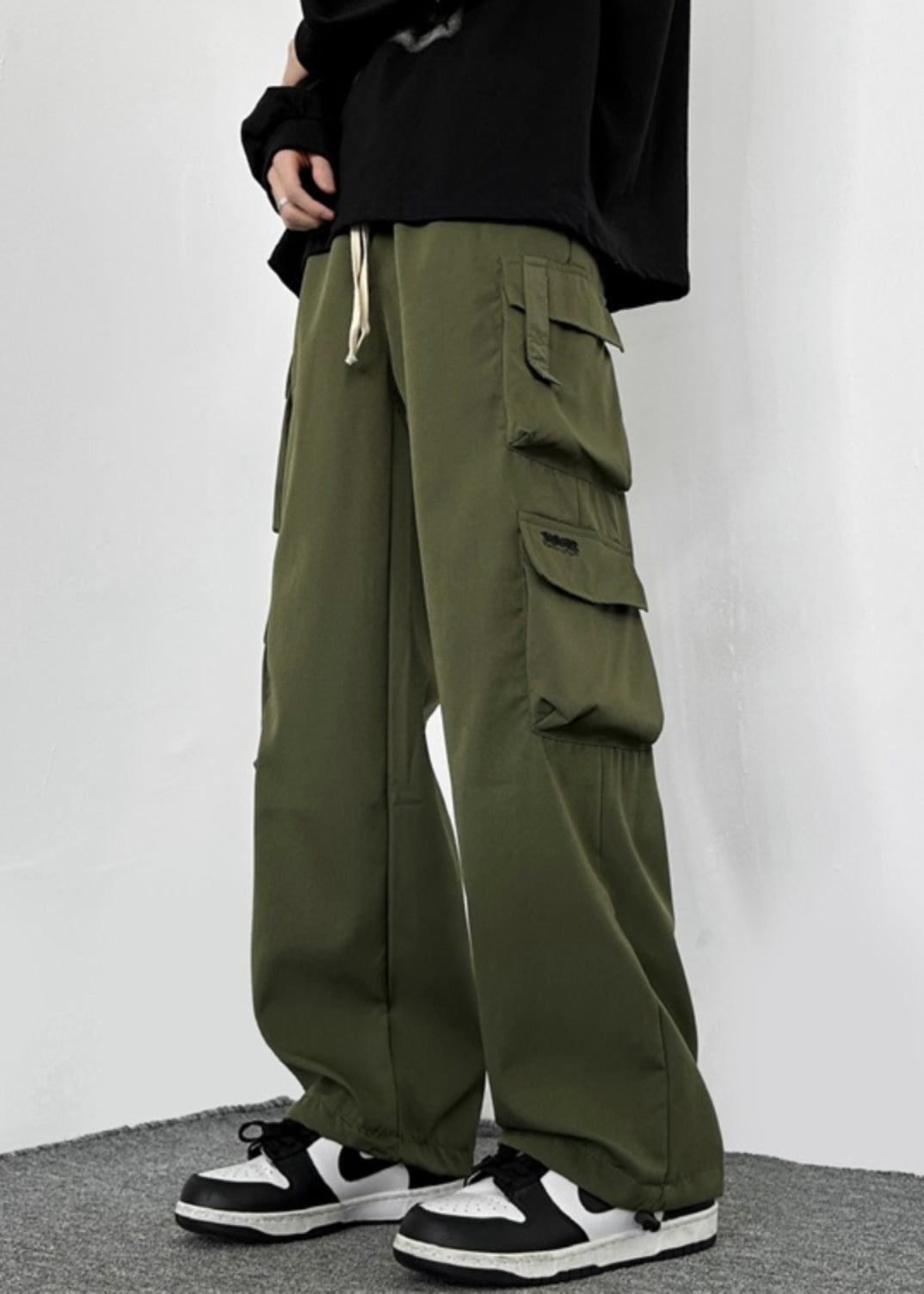 Loose Army Green Pockets Drawstring Cotton Pants Spring