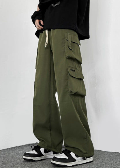 Loose Army Green Pockets Drawstring Cotton Pants Spring
