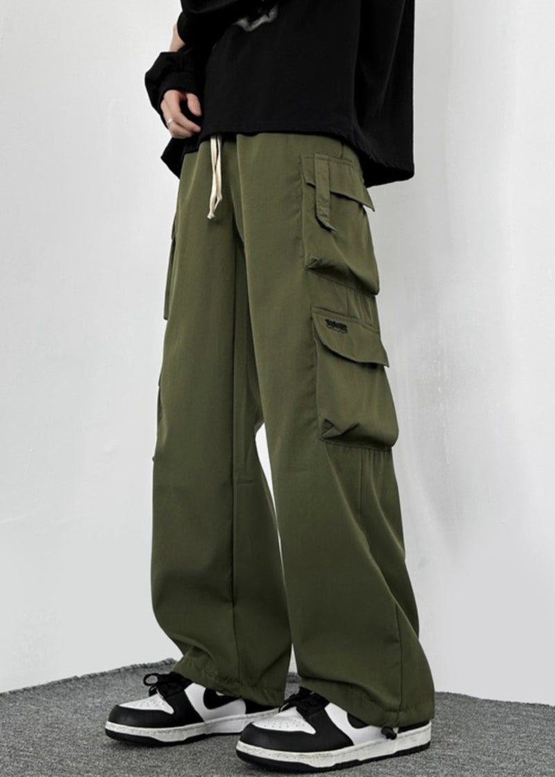 Loose Army Green Pockets Drawstring Cotton Pants Spring