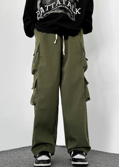 Loose Army Green Pockets Drawstring Cotton Pants Spring