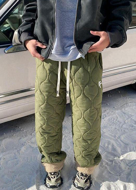 Loose Army Green Pockets Patchwork Warm Fleece Pants Winter