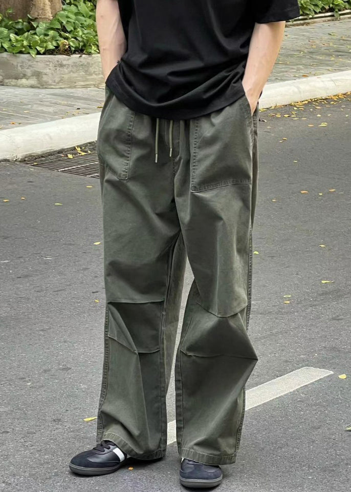 Loose Army Green Pockets Drawstring Cotton Pants Summer