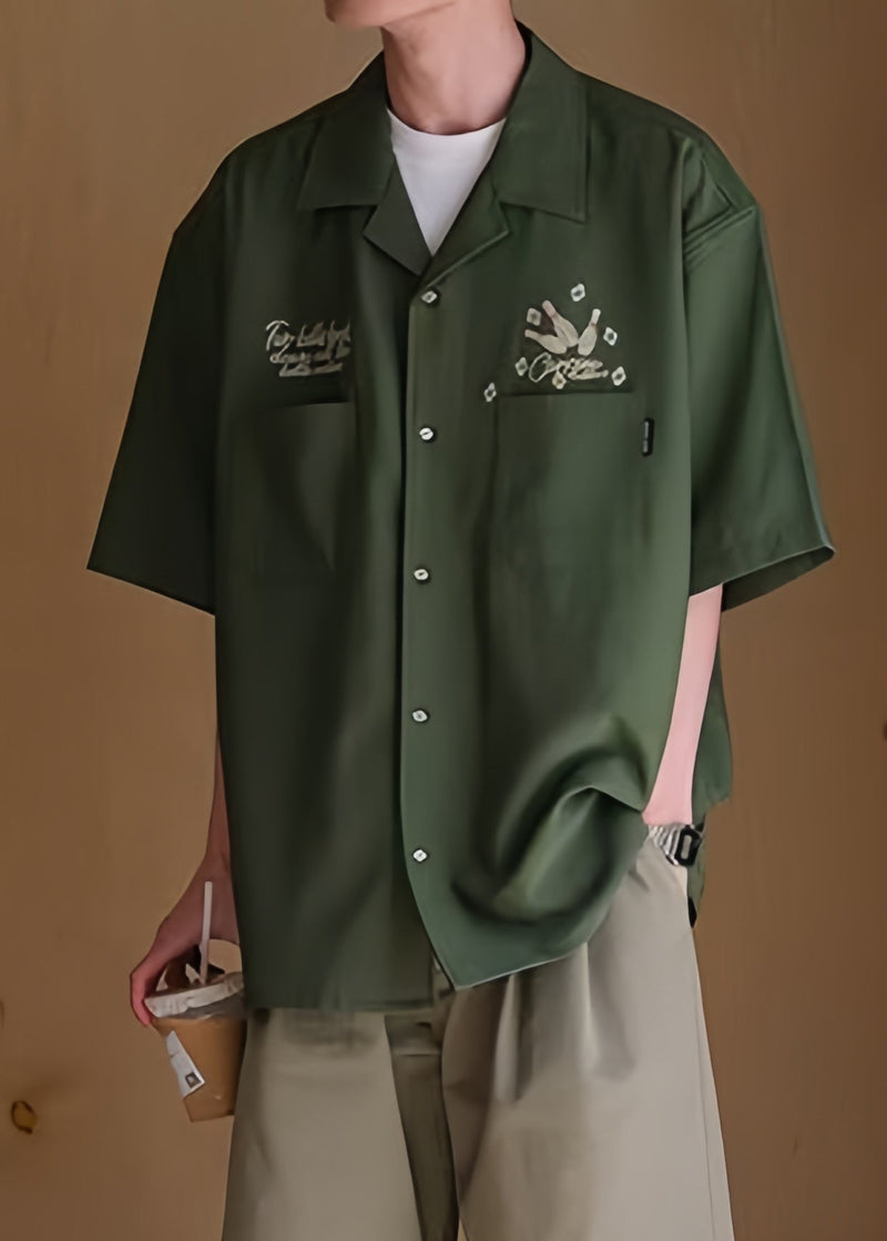 Loose Army Green Print Pockets Ice Silk Shirts Half Sleeve