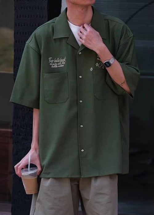 Loose Army Green Print Pockets Ice Silk Shirts Half Sleeve