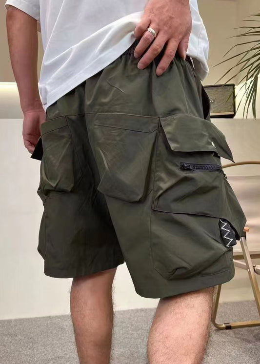 Loose Army Green Zip Up Pockets Elastic Waist Cotton Shorts Summer