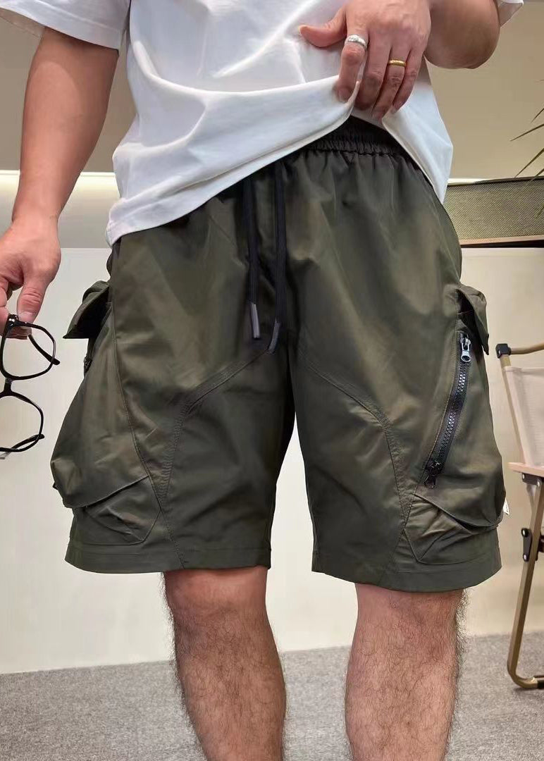 Loose Army Green Zip Up Pockets Elastic Waist Cotton Shorts Summer