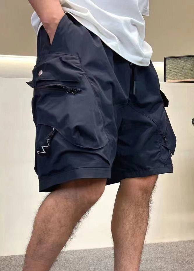 Loose Army Green Zip Up Pockets Elastic Waist Cotton Shorts Summer