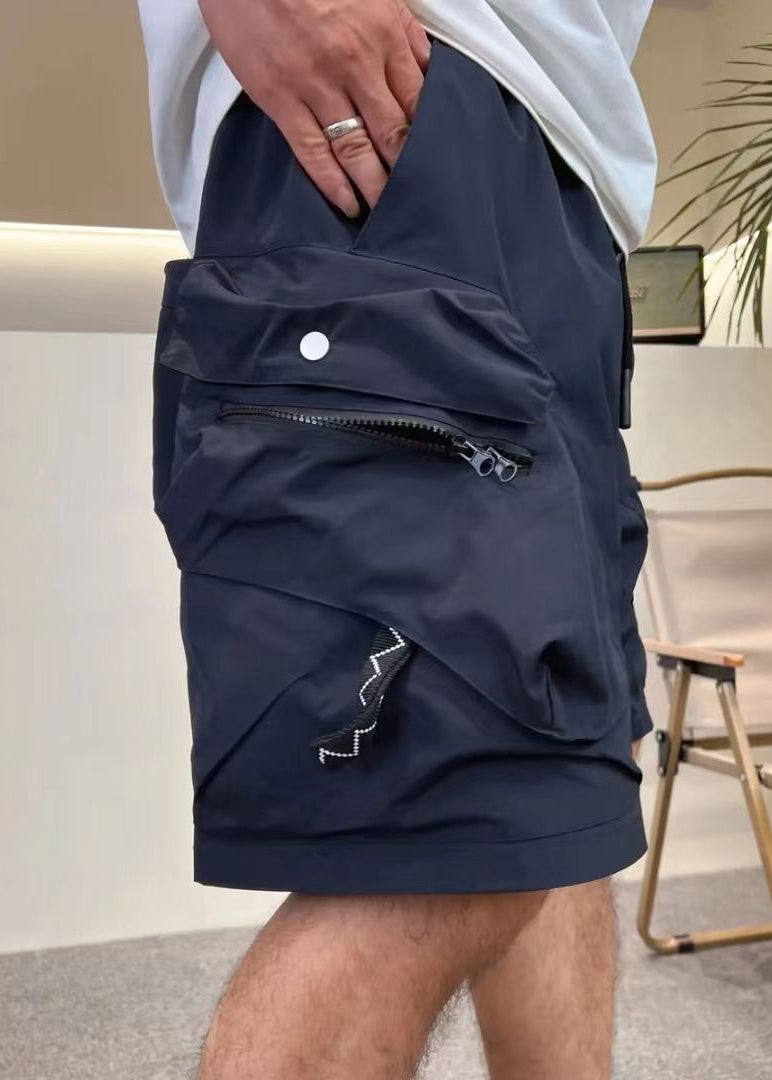 Loose Army Green Zip Up Pockets Elastic Waist Cotton Shorts Summer