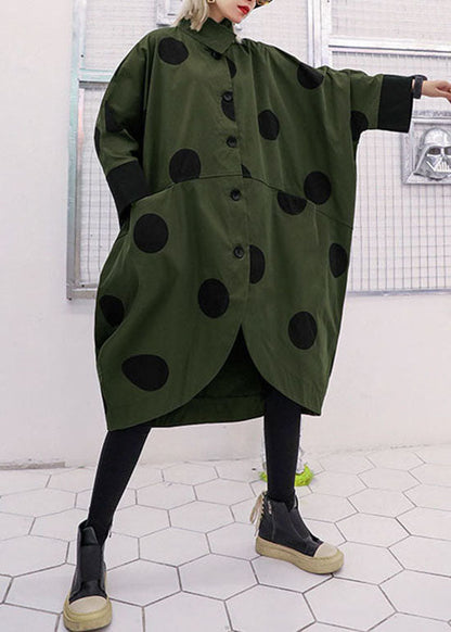 Loose Army Green Asymmetrical Design Peter Pan Collar Dot Print Trench Coats Spring