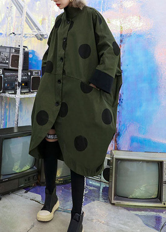 Loose Army Green Asymmetrical Design Peter Pan Collar Dot Print Trench Coats Spring