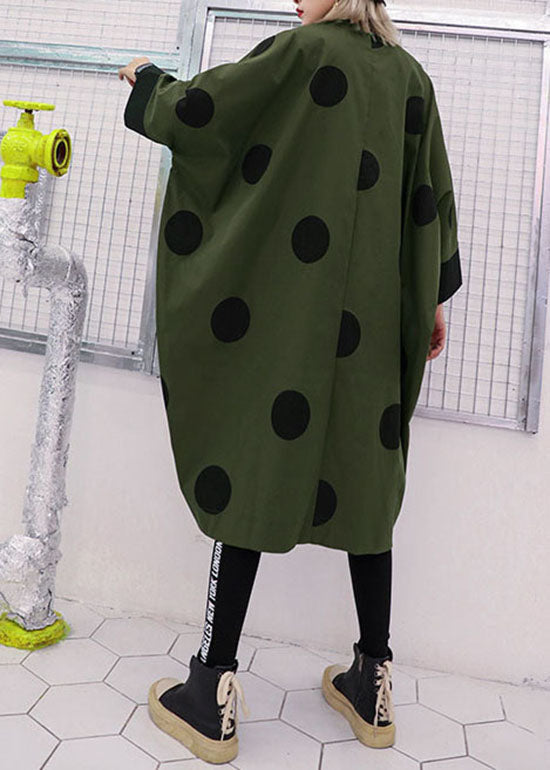 Loose Army Green Asymmetrical Design Peter Pan Collar Dot Print Trench Coats Spring