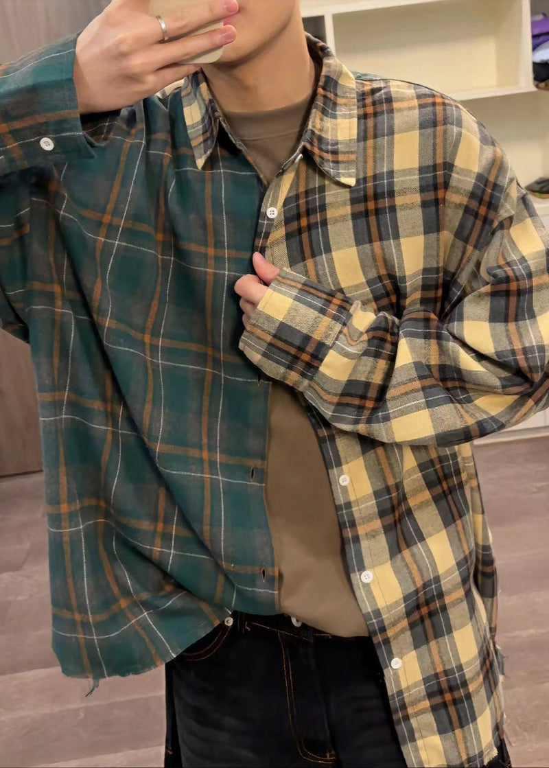 Loose Asymmetrical Plaid Button Cotton Shirts Spring
