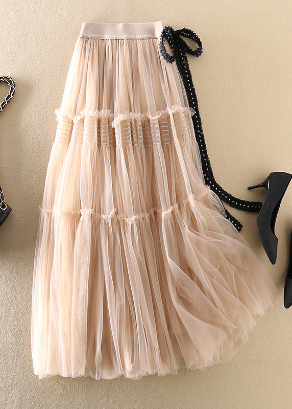 Loose Beige Bow Wrinkled Tulle Skirt Spring