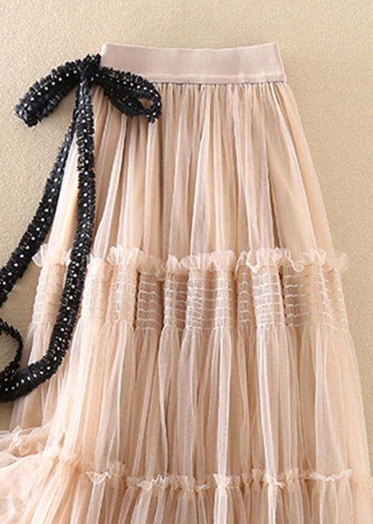 Loose Beige Bow Wrinkled Tulle Skirt Spring
