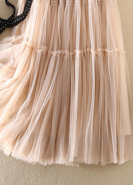 Loose Beige Bow Wrinkled Tulle Skirt Spring