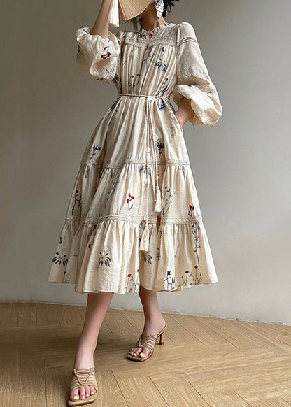 Loose Beige Embroidered Ruffled Pockets Linen Dress Long Sleeve