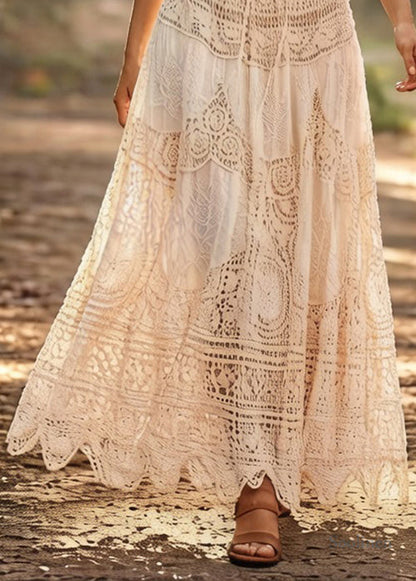 Loose Beige Hollow Out Drawstring Cotton Skirts Summer