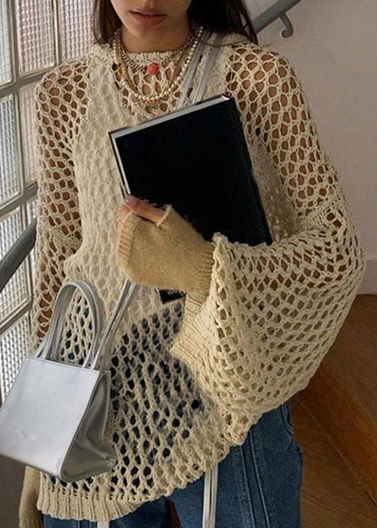 Loose Beige Hollow Out Knit Sweater Summer