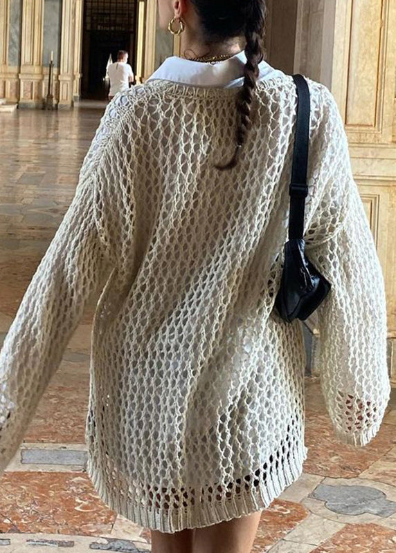Loose Beige Hollow Out Knit Sweater Summer