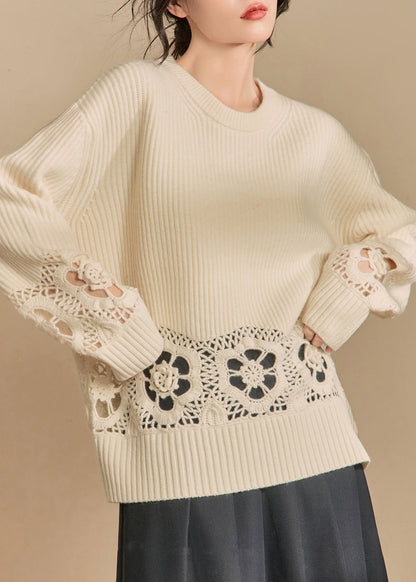 Loose Beige Hollow Out Knit Sweater Winter