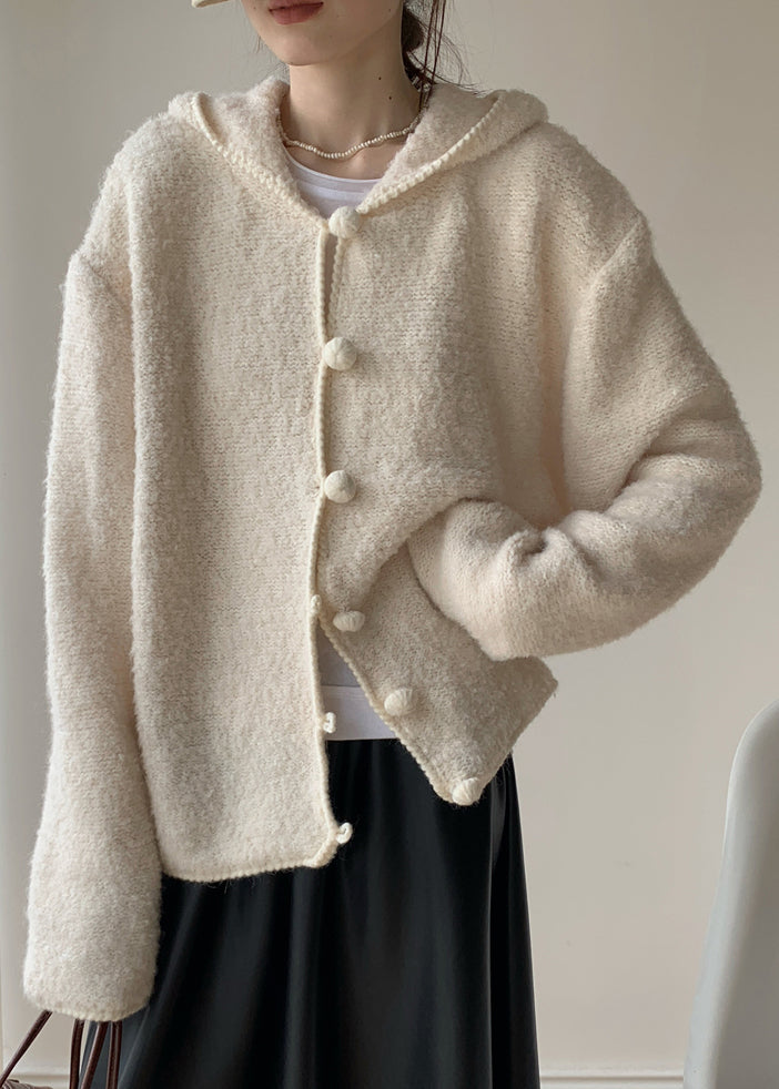 Loose Beige Hooded Button Cotton Knit Coat Spring