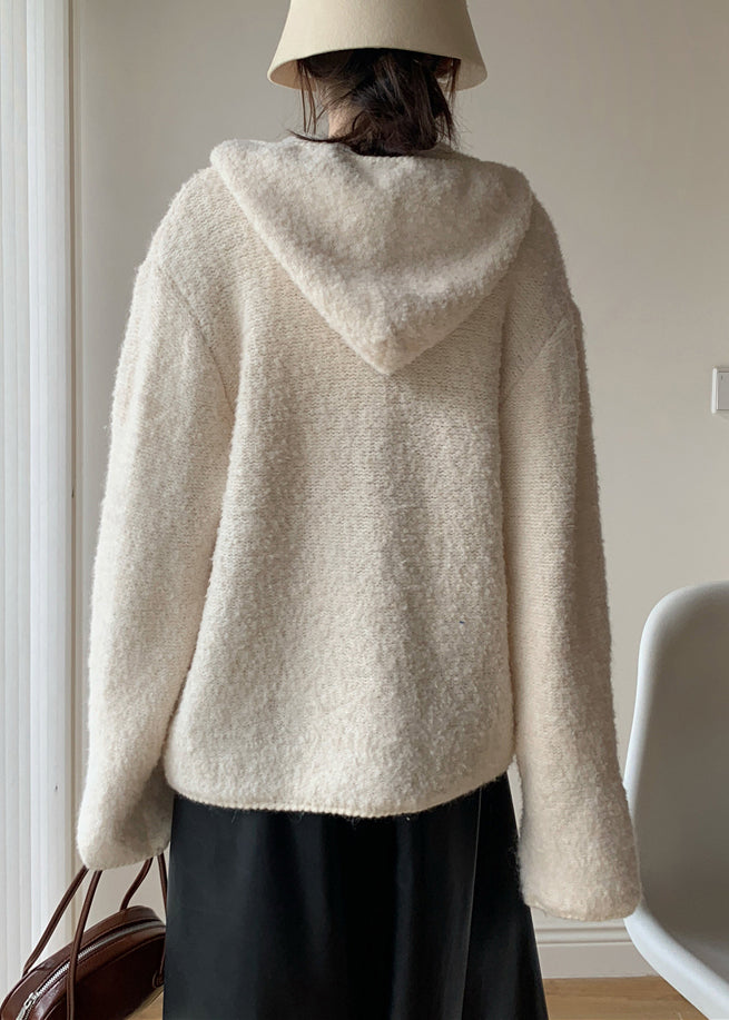 Loose Beige Hooded Button Cotton Knit Coat Spring