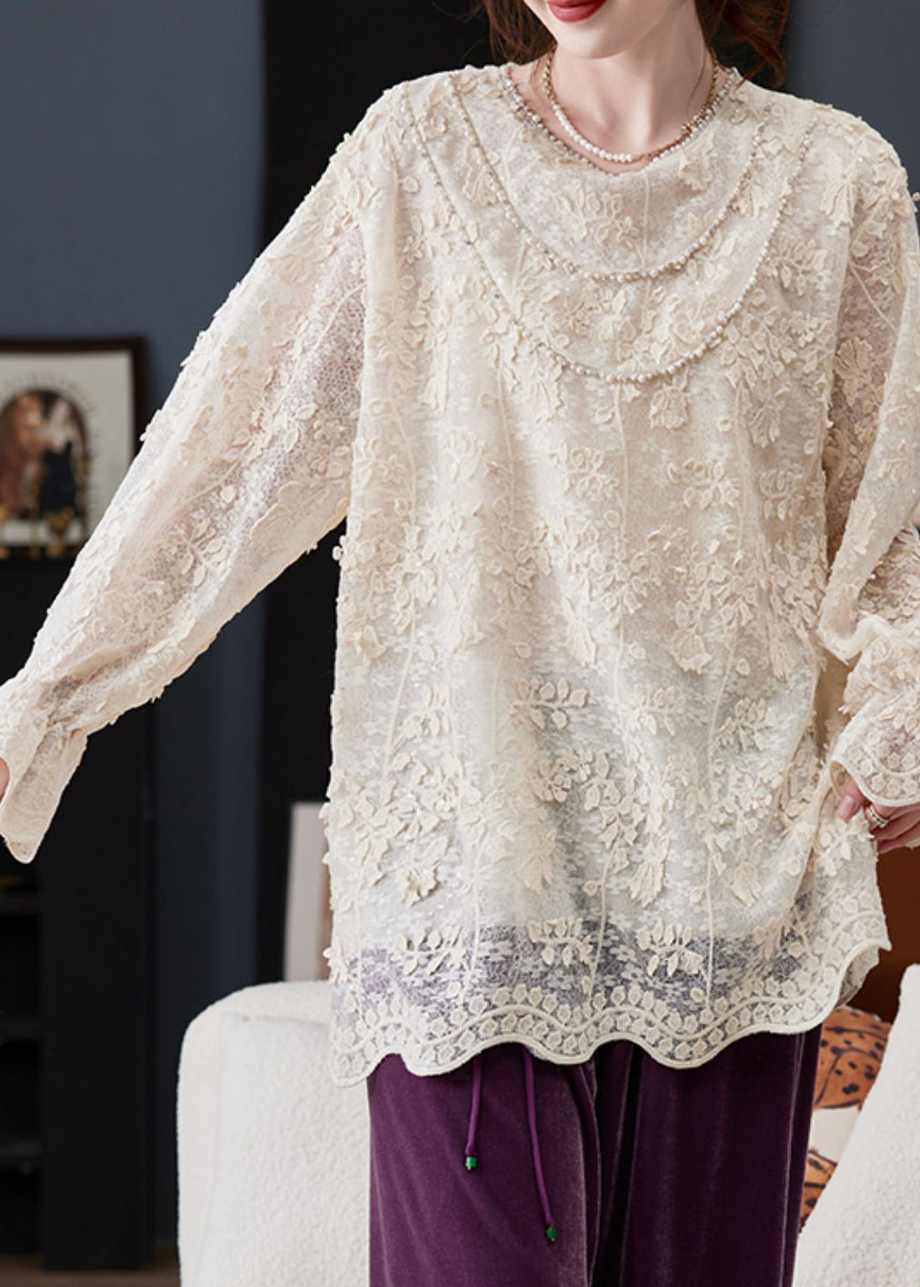 Loose Beige O-Neck Sequins Nail Bead Shirt Spring
