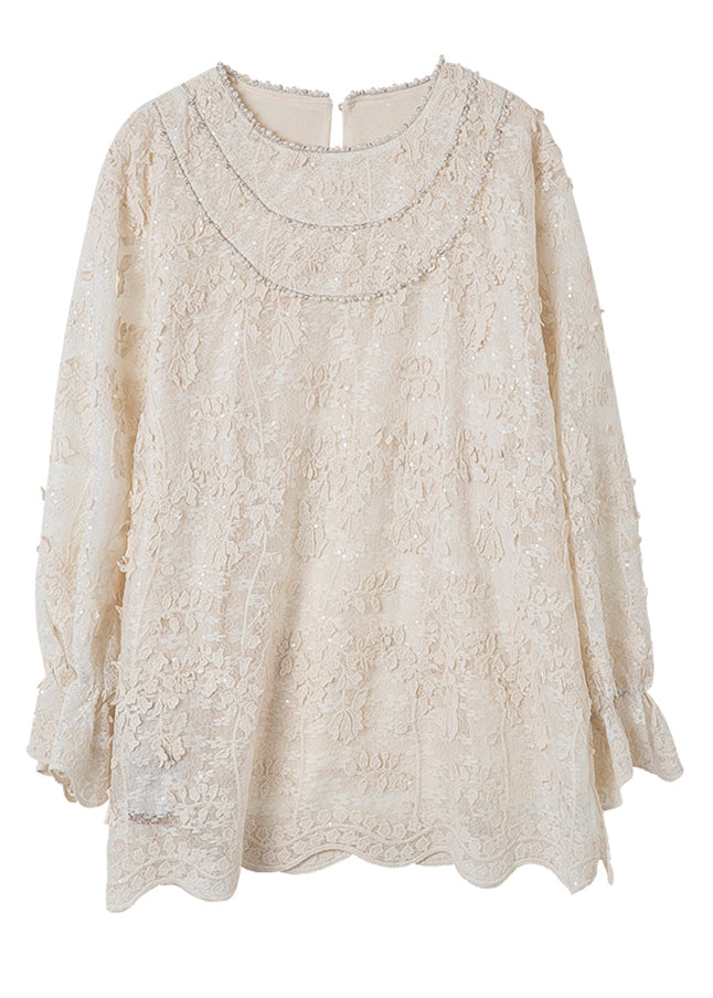 Loose Beige O-Neck Sequins Nail Bead Shirt Spring