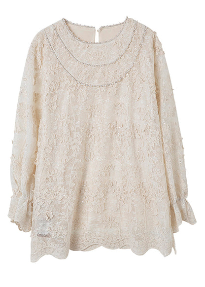 Loose Beige O-Neck Sequins Nail Bead Shirt Spring