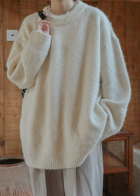 Loose Beige O Neck Knit Sweater Winter