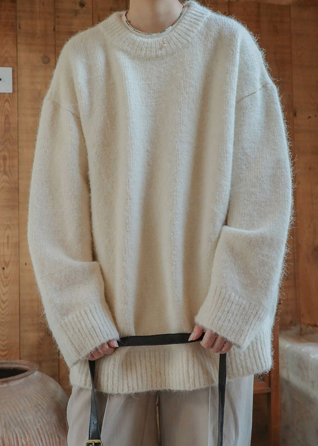 Loose Beige O Neck Knit Sweater Winter