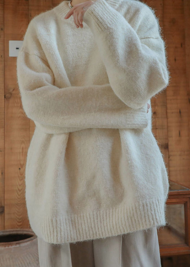 Loose Beige O Neck Knit Sweater Winter