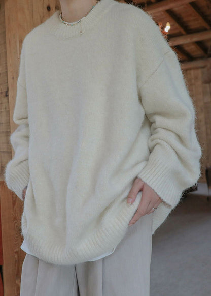 Loose Beige O Neck Knit Sweater Winter