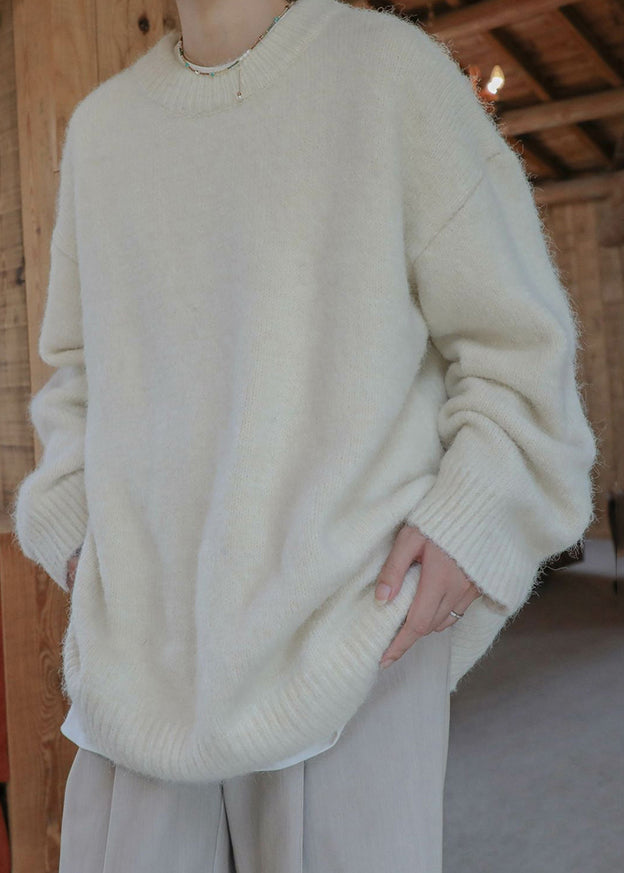 Loose Beige O Neck Knit Sweater Winter