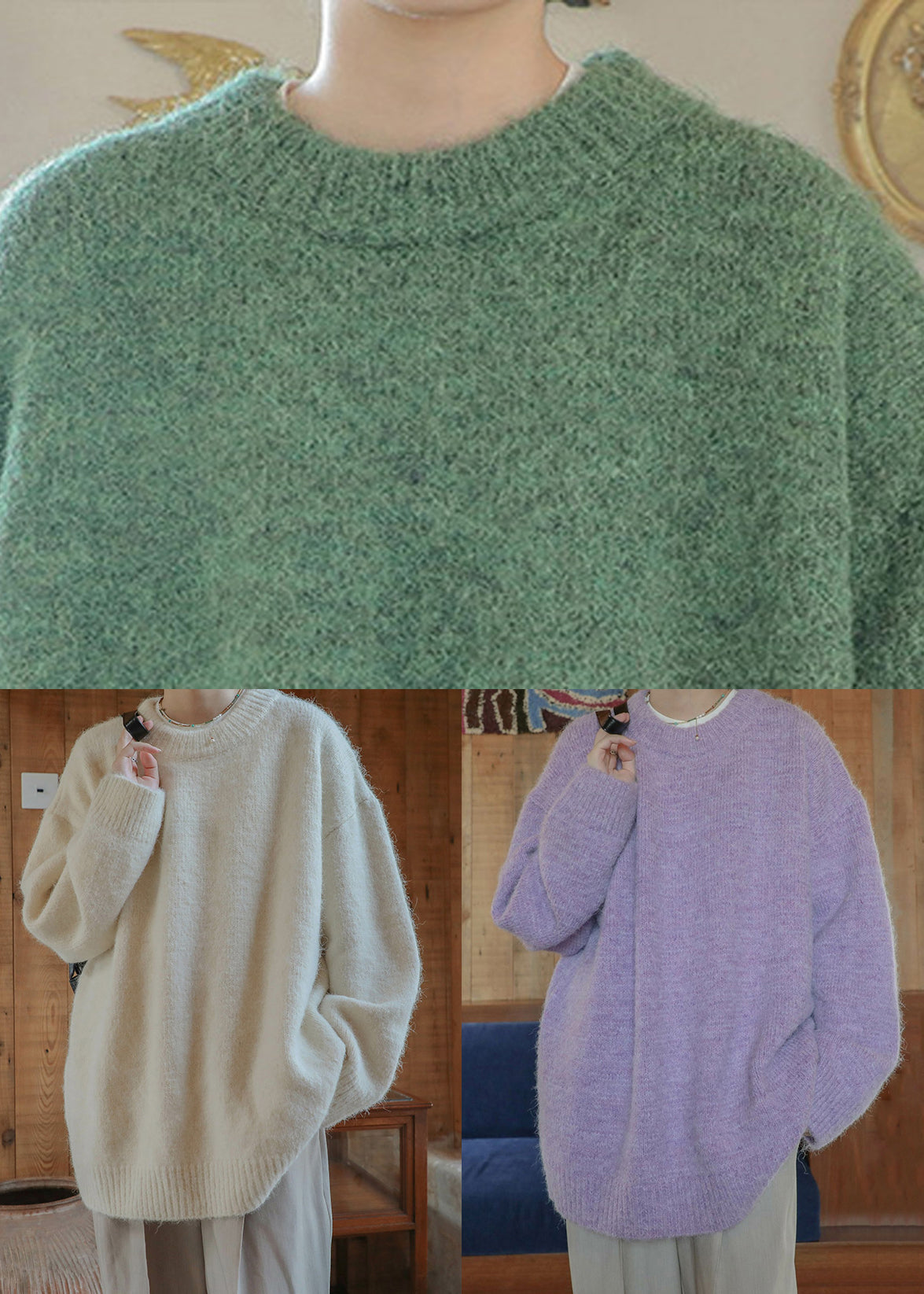 Loose Beige O Neck Knit Sweater Winter