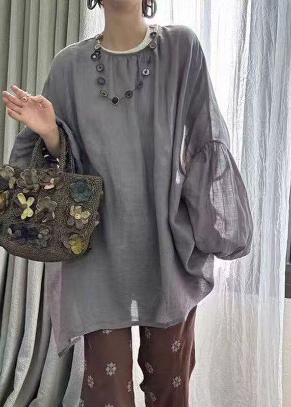 Loose Beige O-Neck Solid Top Lantern Sleeve