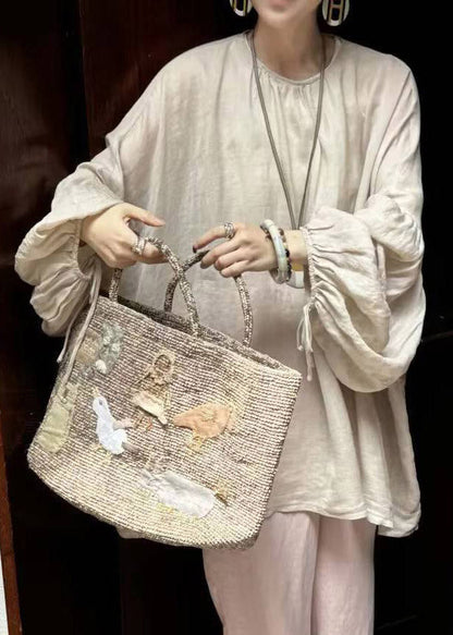 Loose Beige O-Neck Solid Top Lantern Sleeve