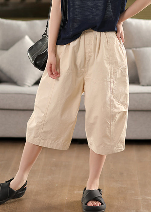 Loose Beige Original Design Elastic Waist Cotton Crop Pants