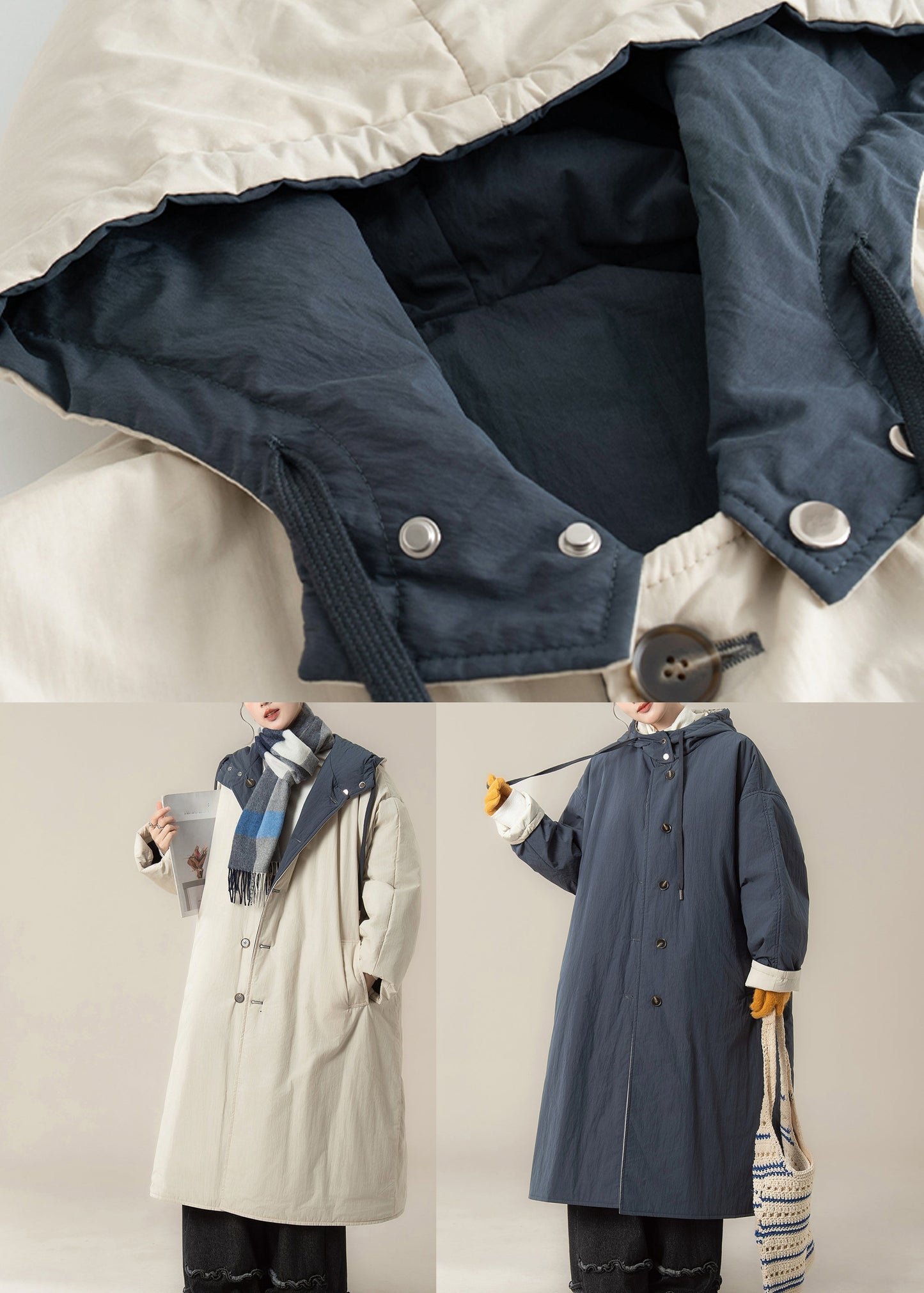 Loose Beige Pockets Hooded Long Parka Winter